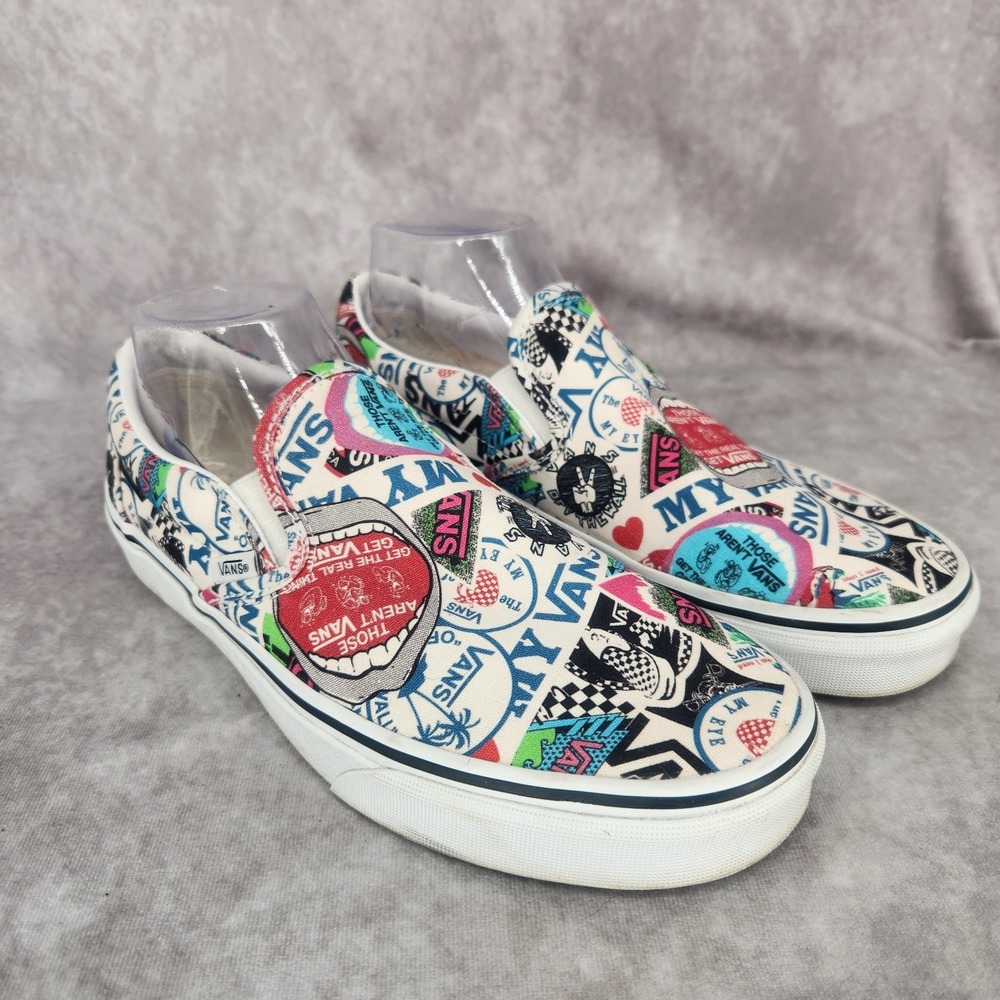 Vans Classic Sticker Mash Up Mens Slip On Sneaker Shoes 8.5 White Red Canvas